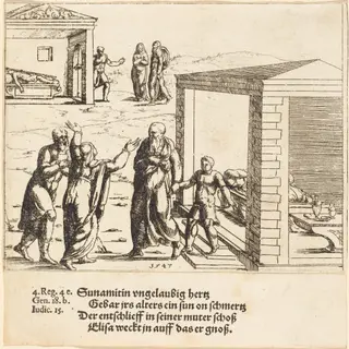 Elisha Raises the Son of the Shunammite, by Augustin Hirschvogel, ink, 1547