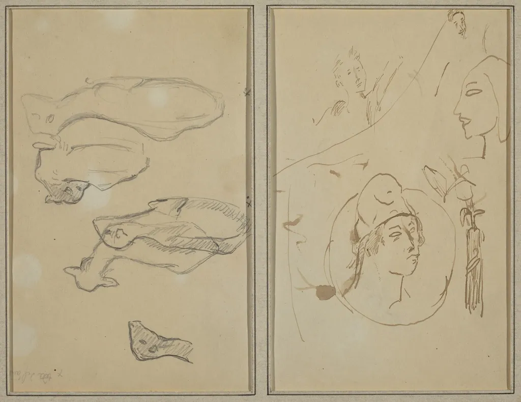 Five Sheep; Four Head Studies [verso], by Paul Gauguin, ink, 1886