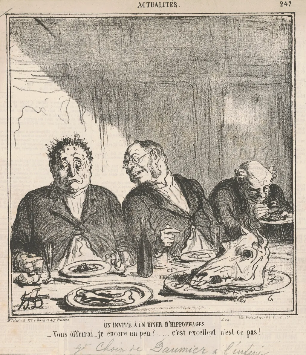 Un invité à un dîner d'hippophages: Vous offrirai-je encore un peu?  C'est excellent, n'est-ce pas?, by Honoré Daumier, ink, 24
