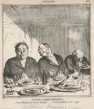 Un invité à un dîner d'hippophages: Vous offrirai-je encore un peu?  C'est excellent, n'est-ce pas?, by Honoré Daumier, ink, 24