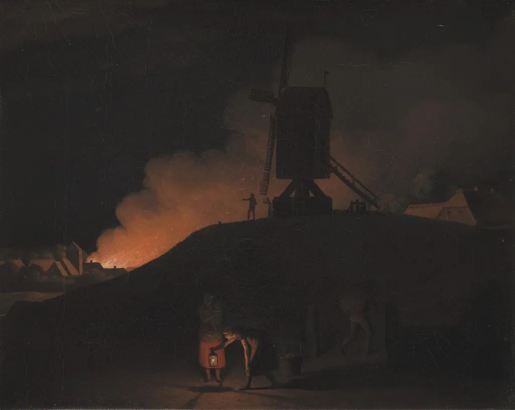 A Fire at Night, by Christoffer Wilhelm Eckersberg, oil, 1807