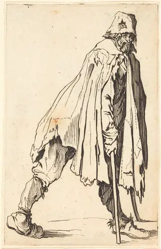 Beggar with Crutches and Cap, by Jacques Callot, ink, 1622