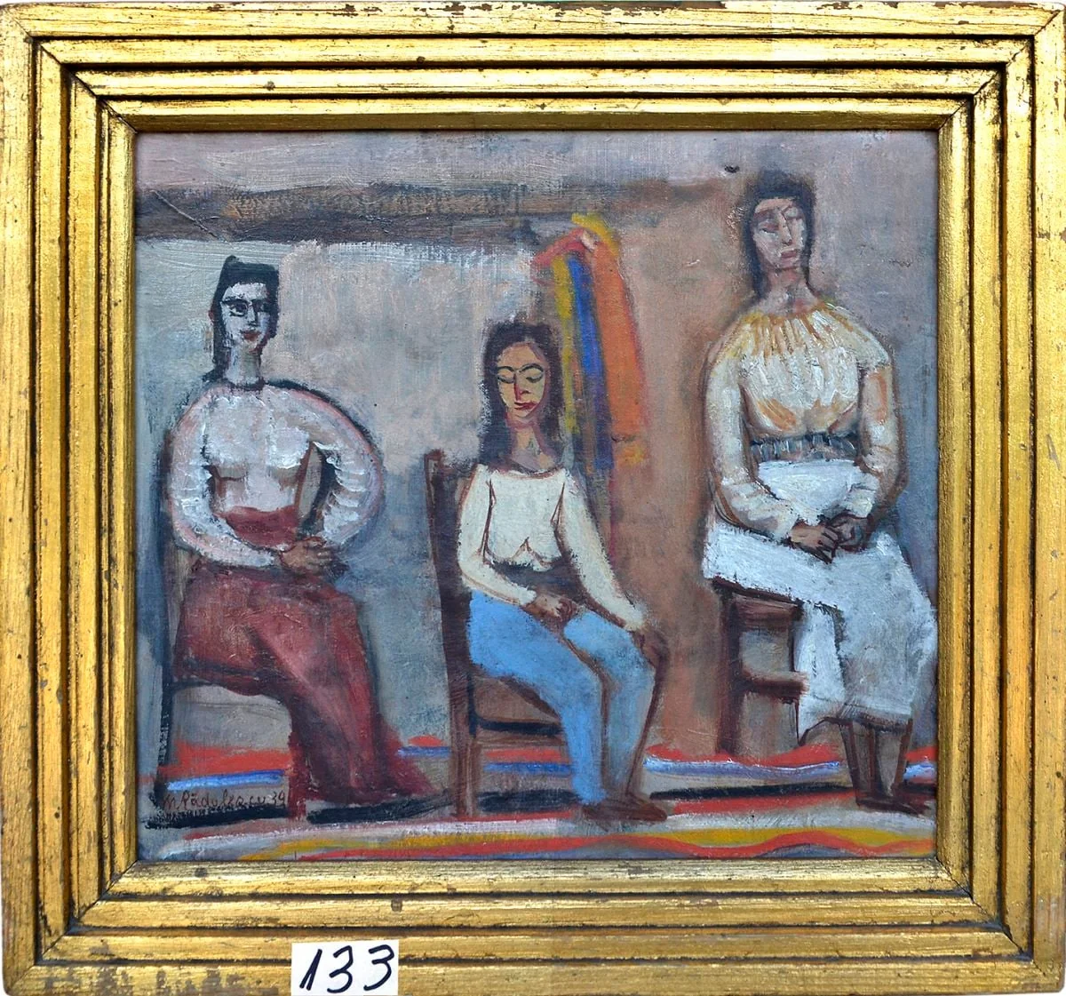 Așteptare. Trei fete stând pe scaun, detail