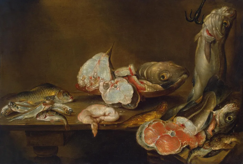 Fish and Dead Game, by Alexander Adriaenssen, oil, 1643