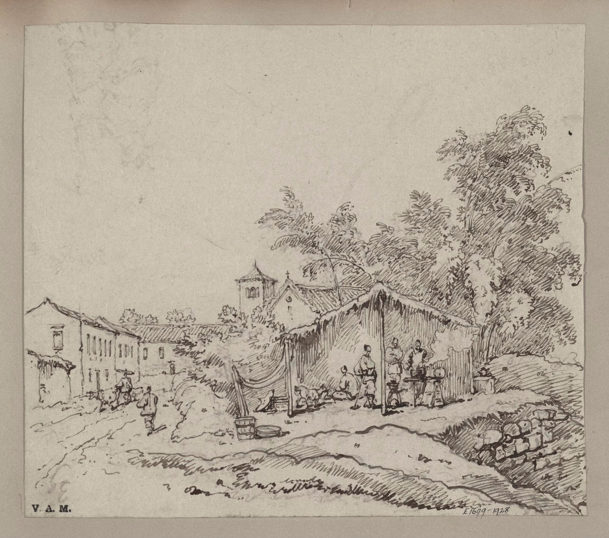 Blacksmiths beneath a thatched shelter, with the church of S. Antonio, Macau, detail