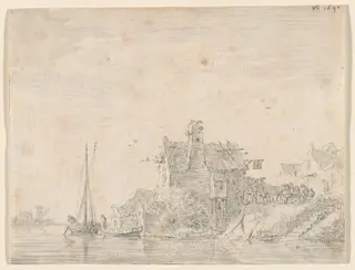 A Tavern by a River, by Jan van Goyen, chalk, 1640
