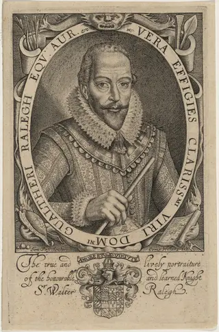 Sir Walter Raleigh, by Simon van de Passe, ink, 1621