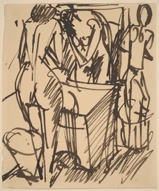 Nude with a Mirror, Standing Before a Washstand, by Ernst Ludwig Kirchner, ink, 1909