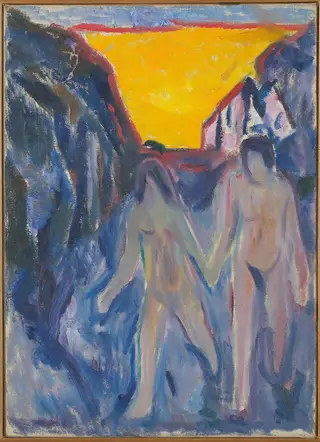 Naked Man and Woman, Walking, by Edvard Munch, oil, 1924