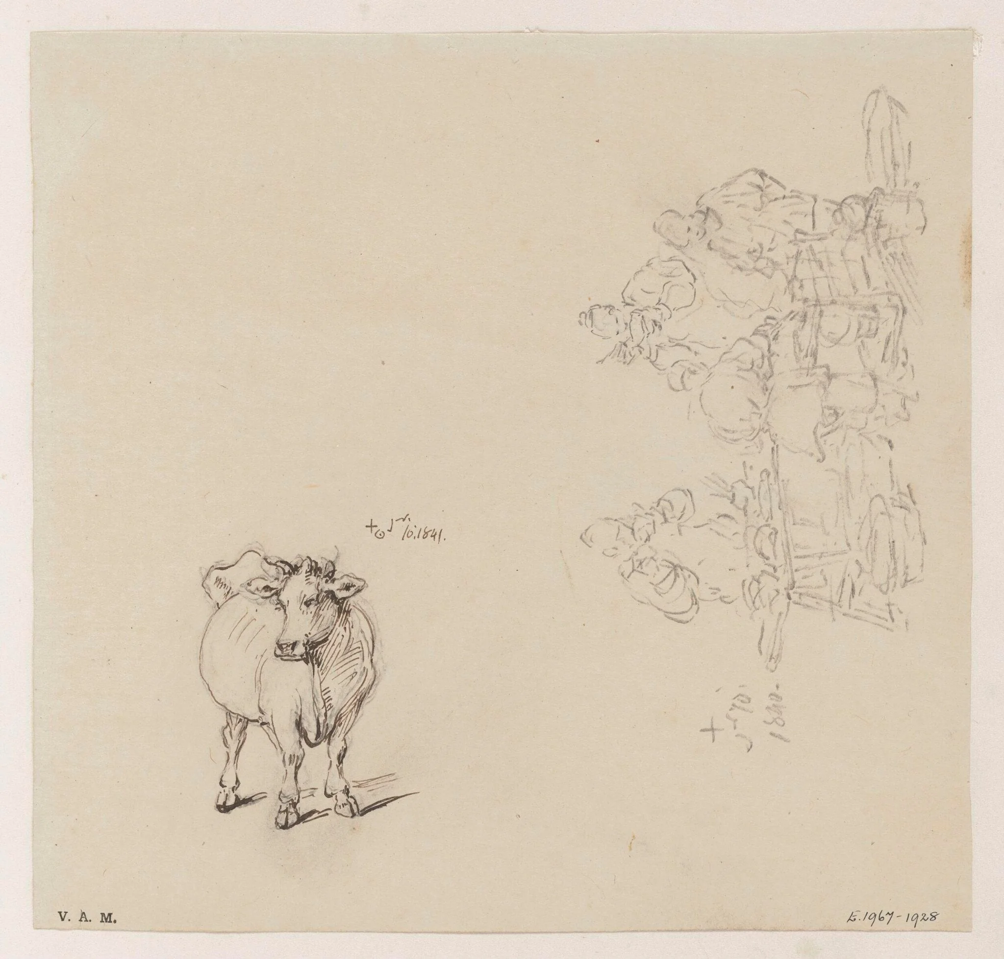 A cow, and a group of figures, detail