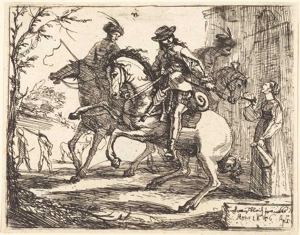 Three Riders before an Inn, by Hans Ulrich Franck, ink, 1656
