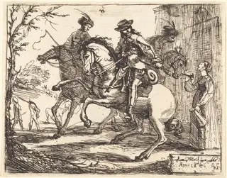 Three Riders before an Inn, by Hans Ulrich Franck, ink, 1656