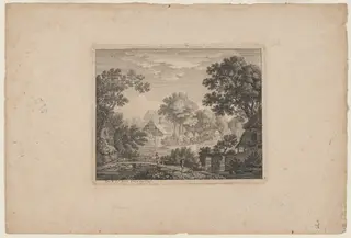Woodland Village with a Woman on a Footbridge, by John Smith, ink