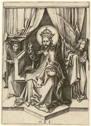 Christ Enthroned, with Two Angels, by Martin Schongauer, ink, 1478