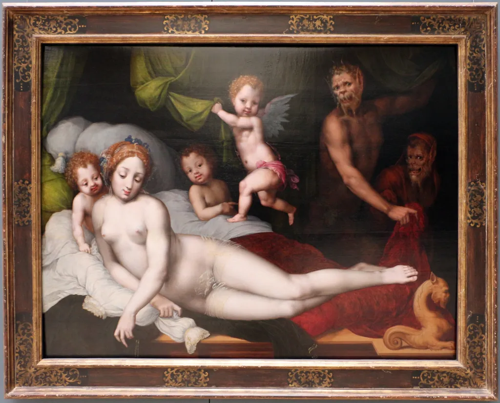 Jupiter als sater met Antiope en hun kinderen Amphion en Zethos, by Vincent Sellaer, oil