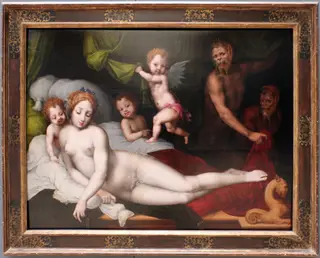 Jupiter als sater met Antiope en hun kinderen Amphion en Zethos, by Vincent Sellaer, oil