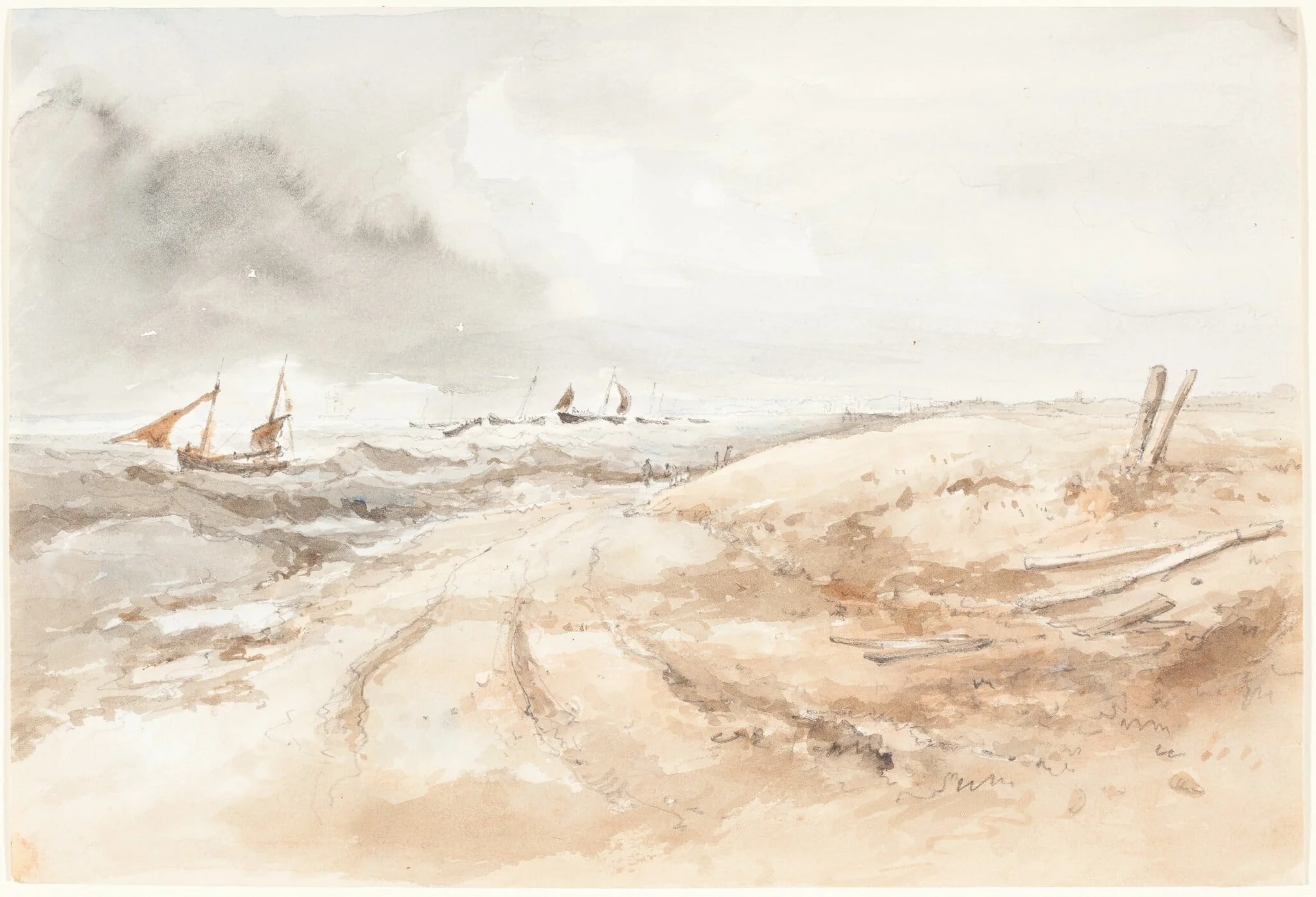 Shore Scene with Boats in Choppy Water, detail