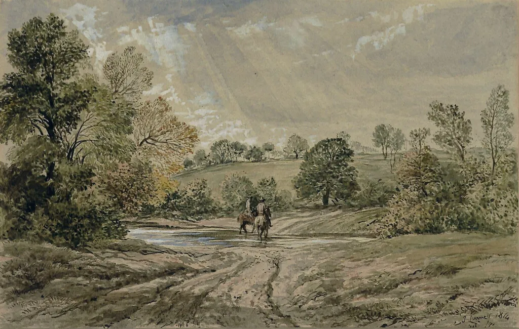 Landscape with horsemen fording a stream, by John Linnell, watercolor, 1814