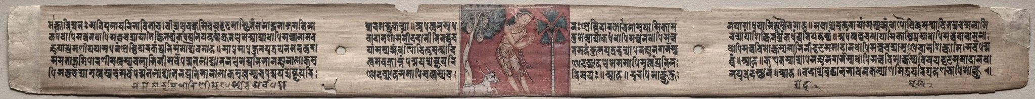 Folio 115 from a Gandavyuha-sutra (Scripture of the Supreme Array): Sudhana and a buffalo (recto); text (verso), detail