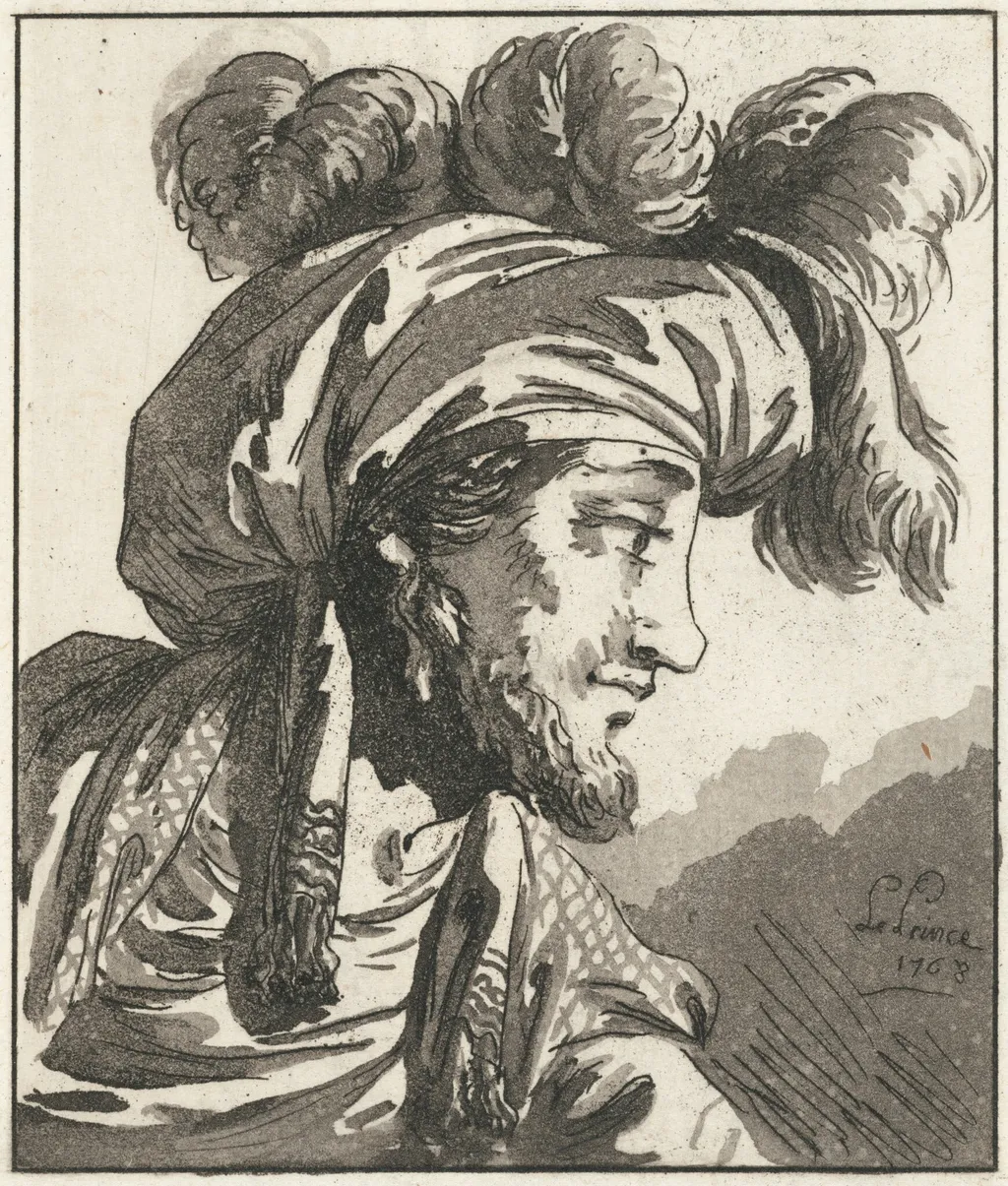 Head of a Turbaned Man without a Moustache, by Jean-Baptiste Le Prince, ink, 1768