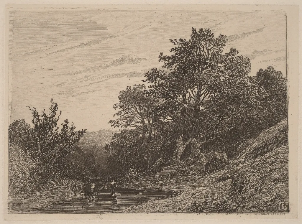 Herd in a Stream, by Alexandre Calame, ink, 1838