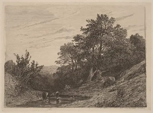 Herd in a Stream, by Alexandre Calame, ink, 1838