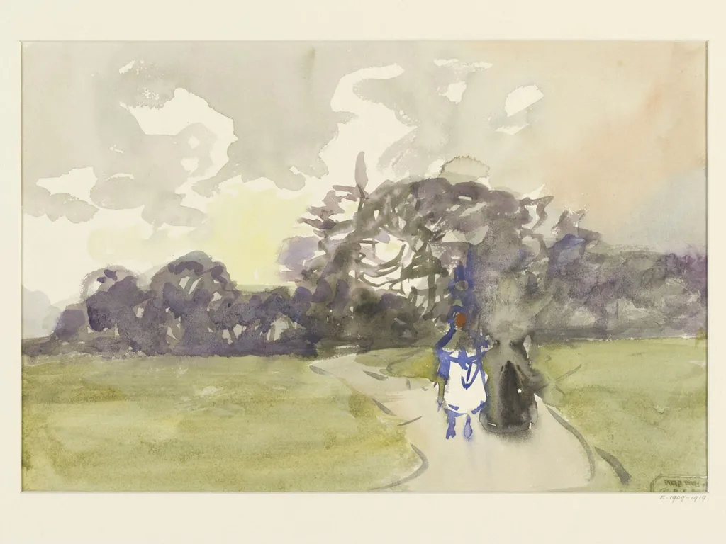 Landscape study, with trees and figures in the foreground, by Alfred East, 1850