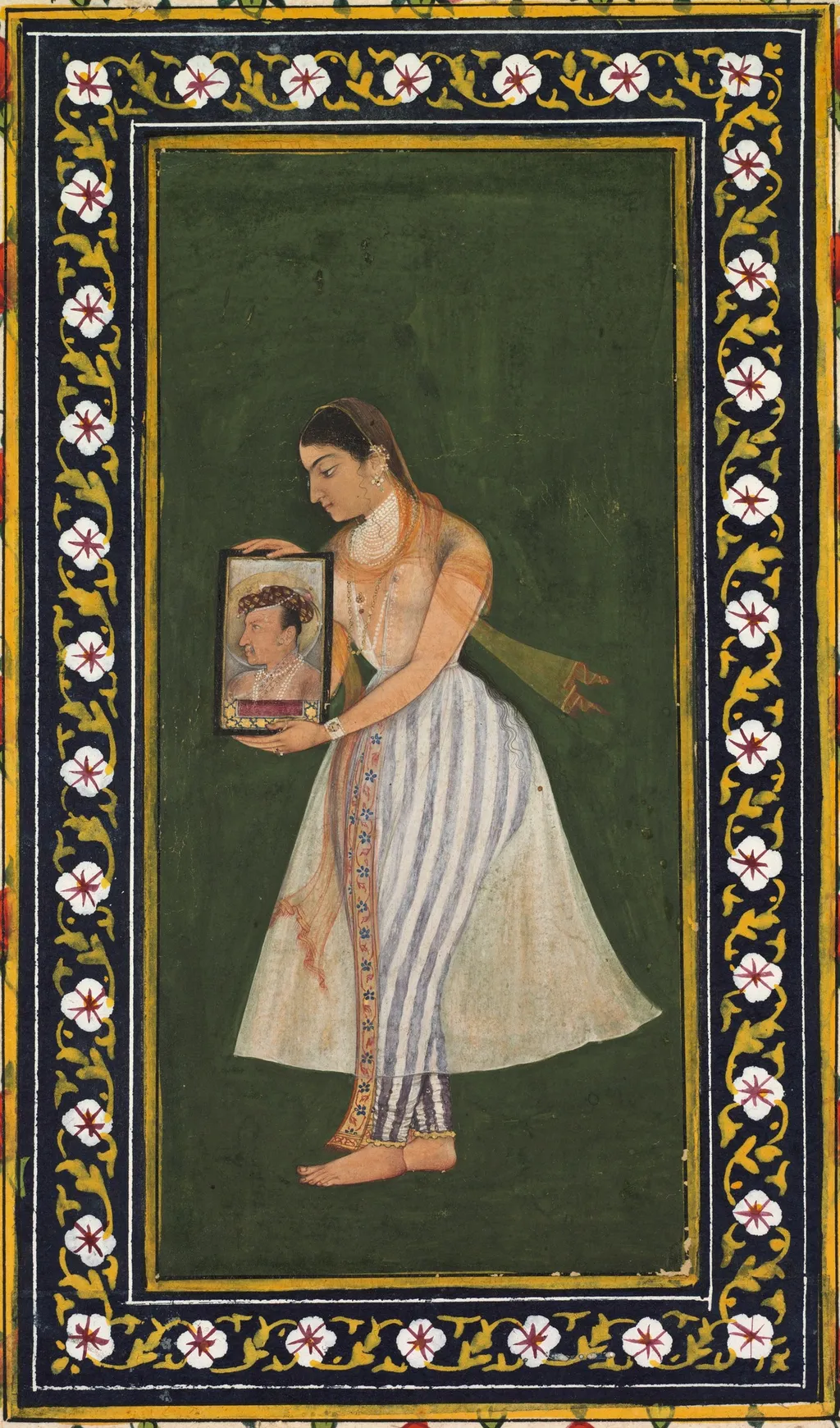 Nur Jahan holding a portrait of Emperor Jahangir, by Bishandas, unspecified, 1627
