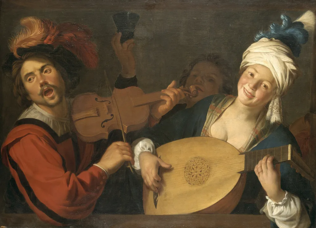 Couple making music behind a balustrade, by Gerard van Honthorst, oil, 1623