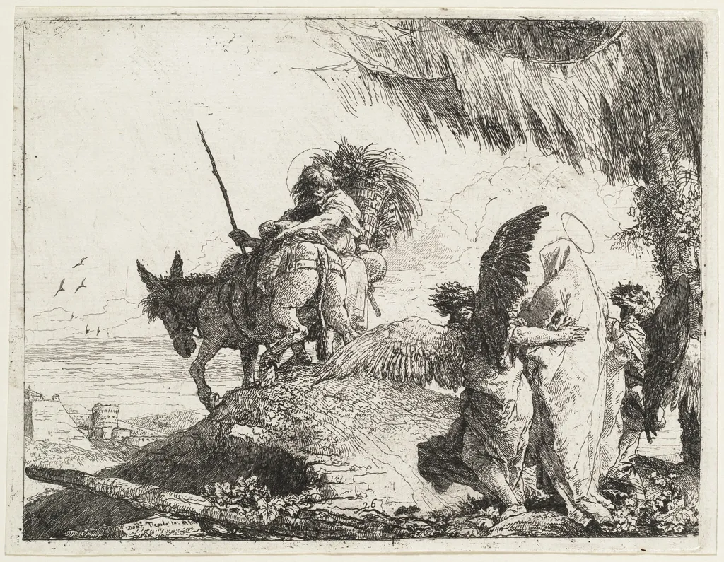 The Flight, with Madonna at Right Supported by Angels, by Giovanni Domenico Tiepolo, ink, 1753