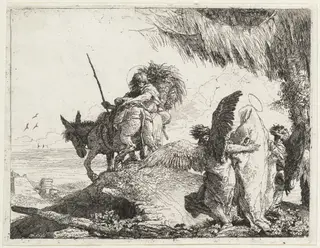 The Flight, with Madonna at Right Supported by Angels, by Giovanni Domenico Tiepolo, ink, 1753