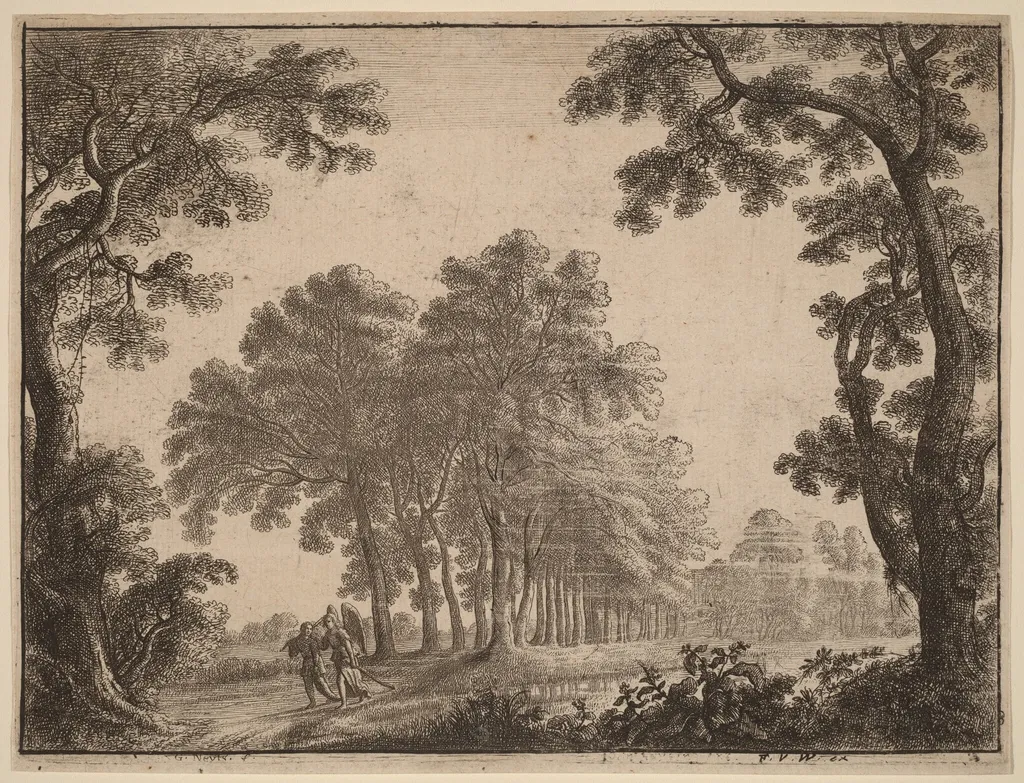Landscape with Tobias and the Angel, by Gilles Neyts, ink, 1655
