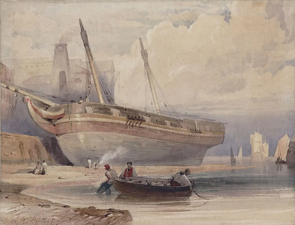 A Vessel Careened by a Wharf, by William Purser, watercolor, 1805