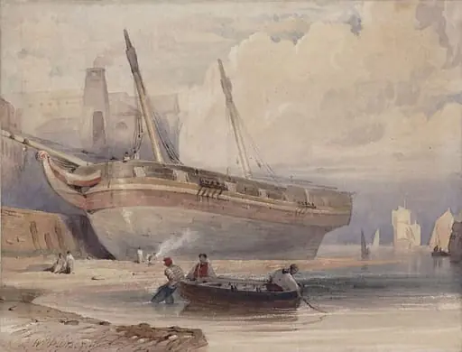A Vessel Careened by a Wharf, by William Purser, watercolor, 1805