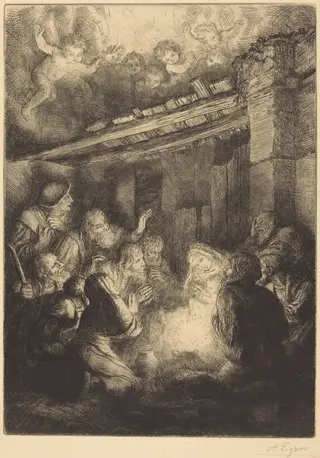The Adoration of the Shepherds (L'adoration des bergers), by Alphonse Legros, ink, 1874