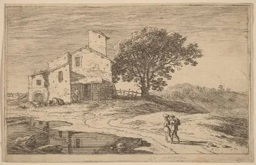 Large Tree near a House, by Herman van Swanevelt, ink, 1628