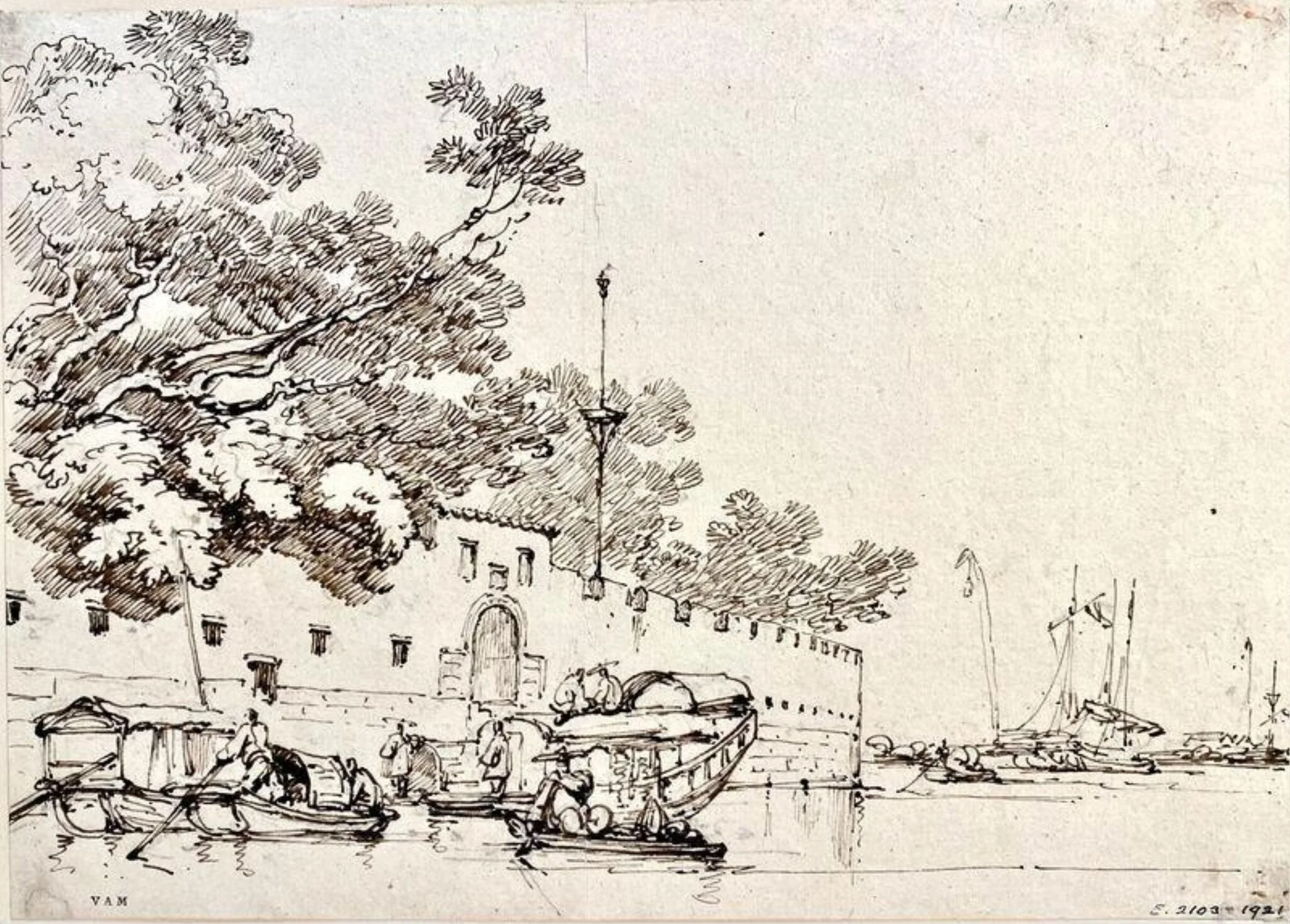 Junks and Tanka boats by a river fort, Canton (Guangzhou), detail
