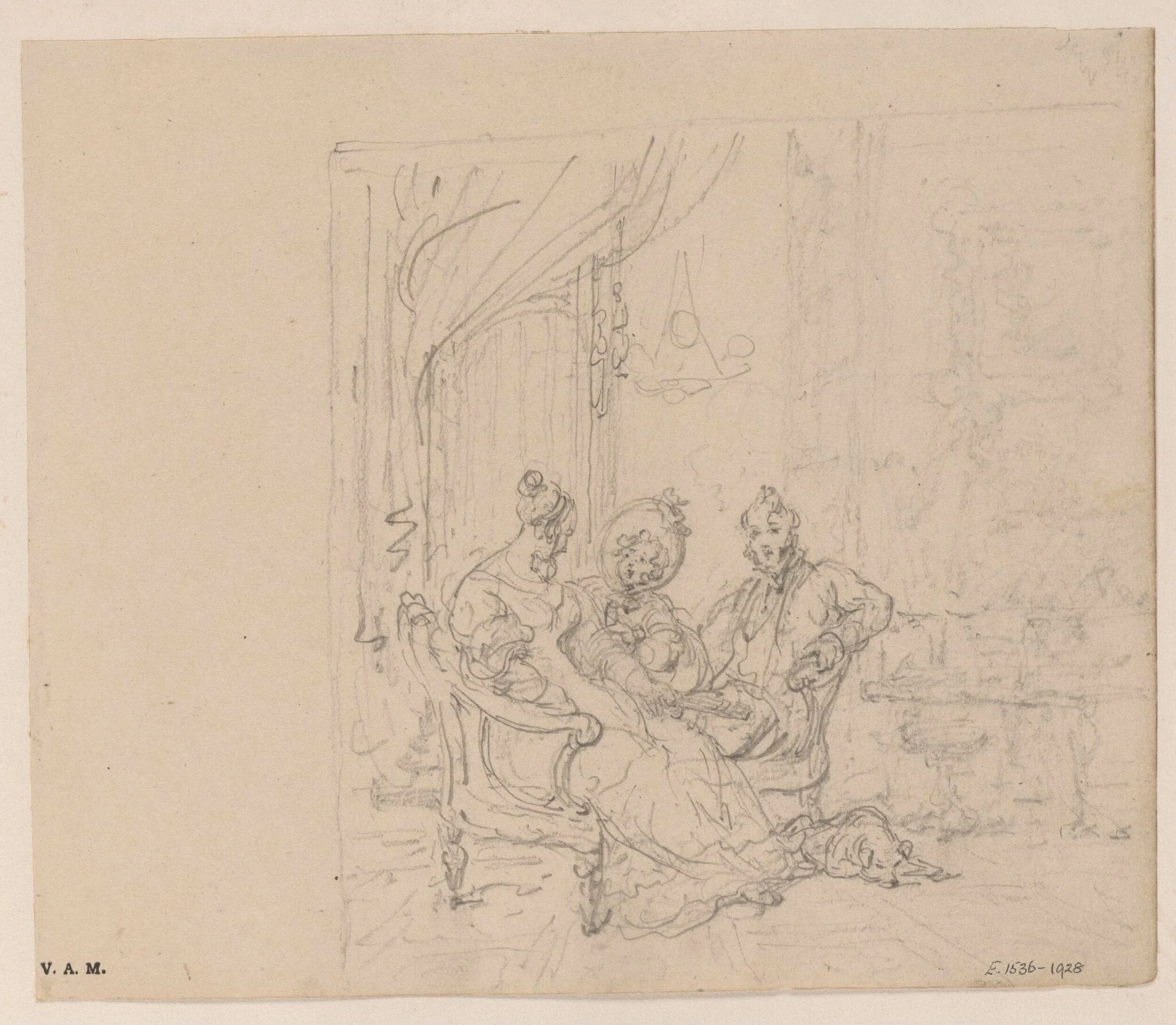 A sketch of three Western figures in a drawing room, detail
