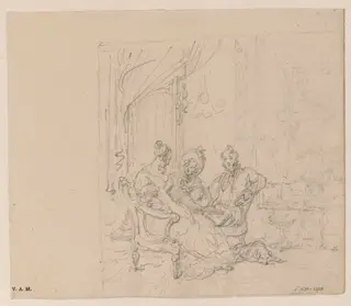 A sketch of three Western figures in a drawing room, by George Chinnery, 16