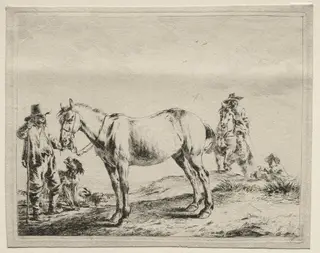 Man holding a horse by the bridle, by Dirk Stoop, 1659