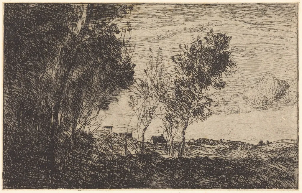 In the Dunes: Souvenir of The Hague  (Dans les dunes: Souvenir du bois de La Haye), by Jean Baptiste Camille Corot, ink, 1869