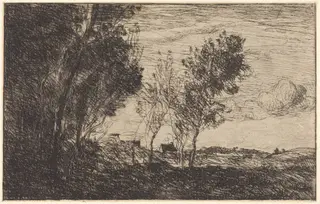In the Dunes: Souvenir of The Hague  (Dans les dunes: Souvenir du bois de La Haye), by Jean Baptiste Camille Corot, ink, 1869