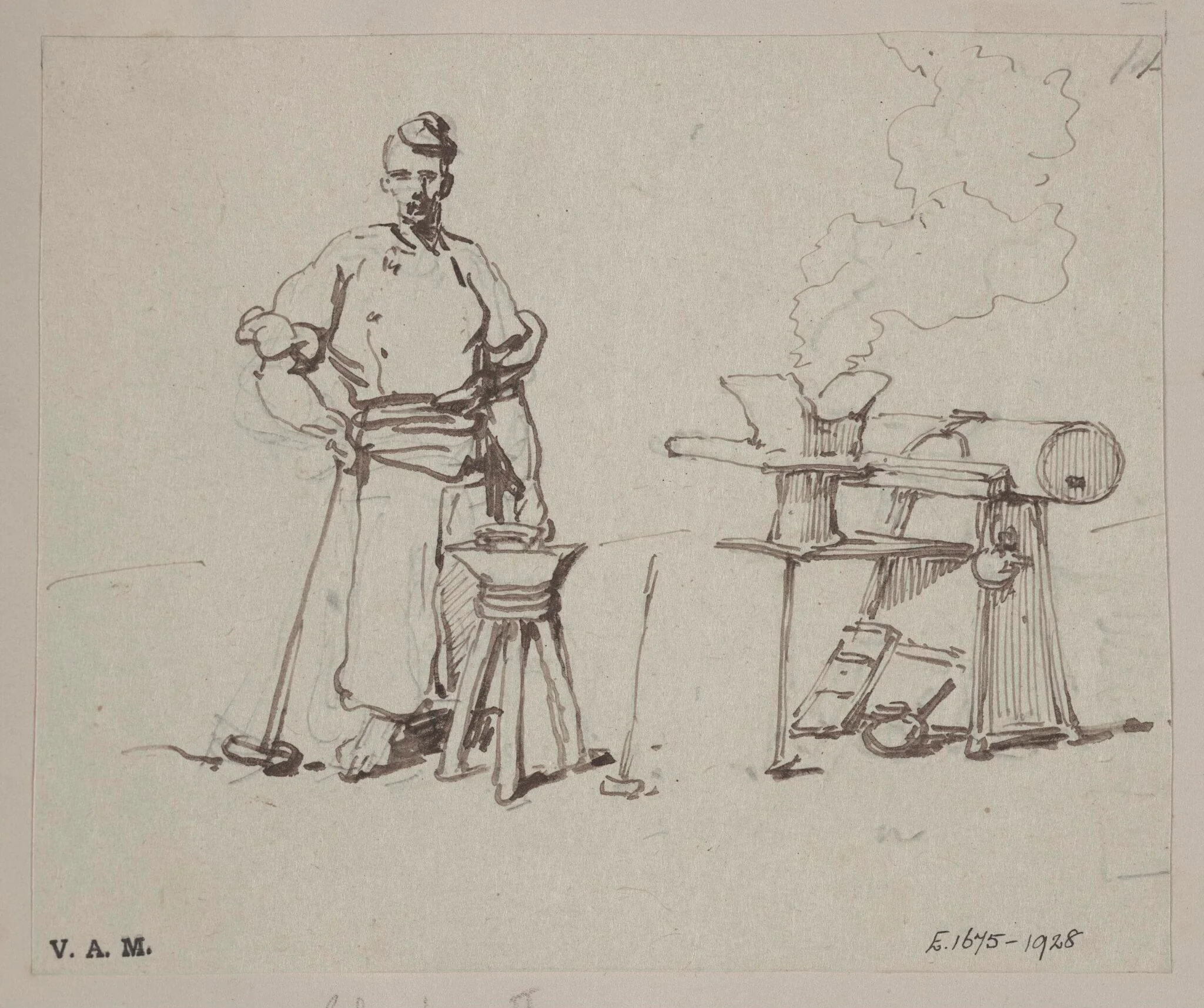 A Chinese blacksmith by his anvil, detail