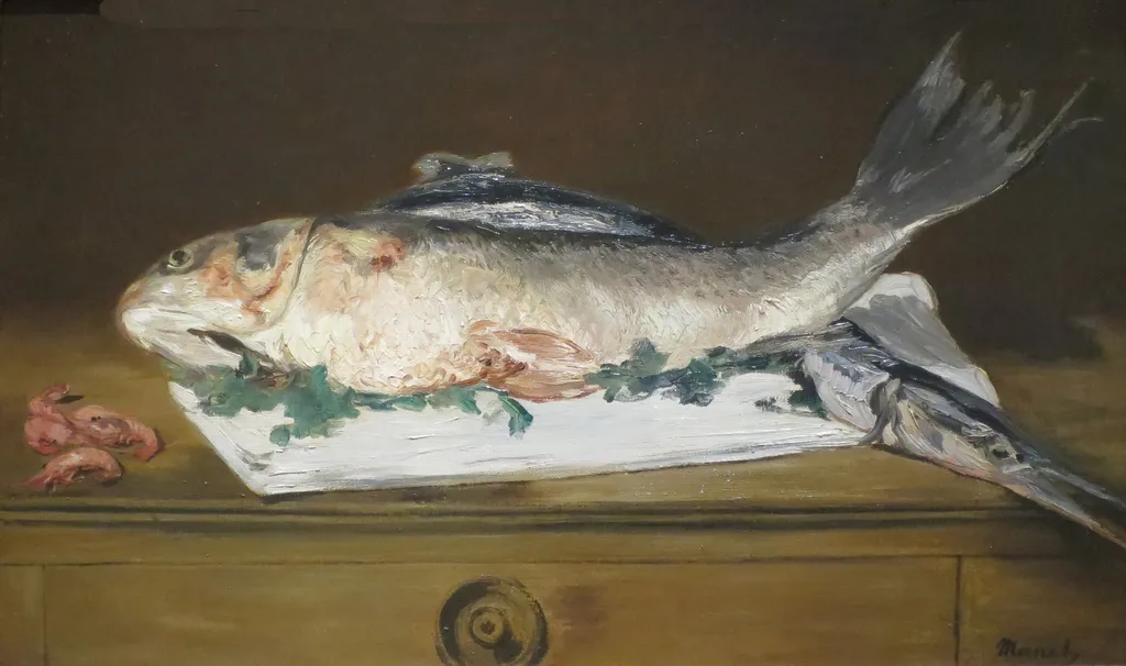 Still Life with Fish and Shrimp, by Edouard Manet, oil, 1864