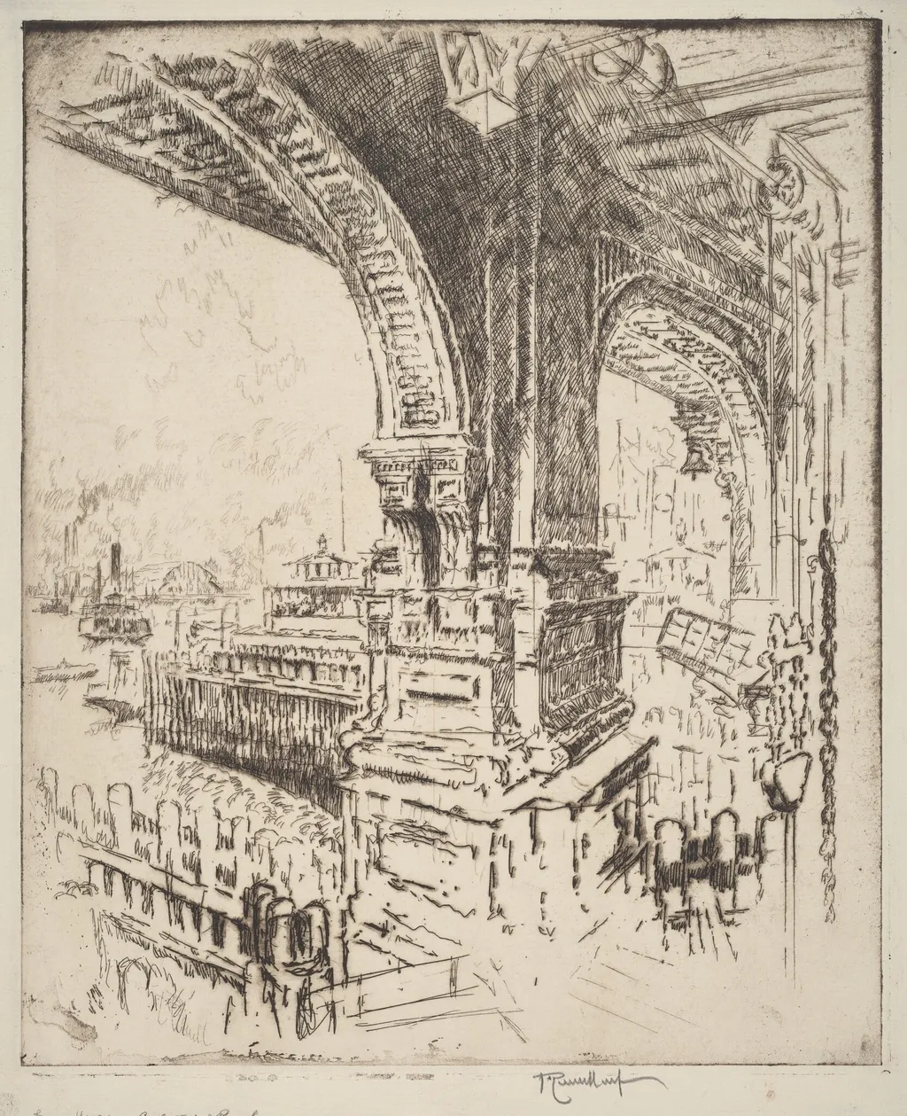 Within the Ferry, Cortlandt Street, New York, by Joseph Pennell, ink, 1919