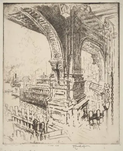 Within the Ferry, Cortlandt Street, New York, by Joseph Pennell, ink, 1919