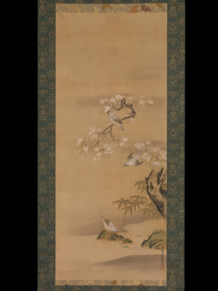 清原雪信筆 緋連雀桜竹図|Waxwings, Cherry Blossoms, and Bamboo, detail