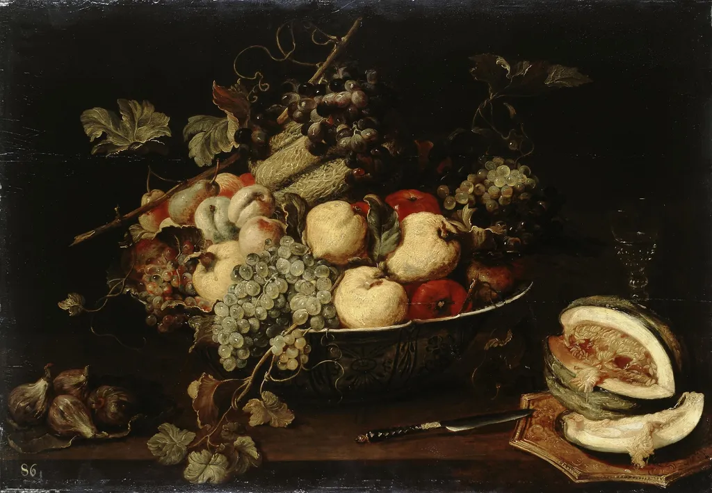 Fruit in a Bowl and a Sliced Melon, by Frans Snyders, oil, 1650