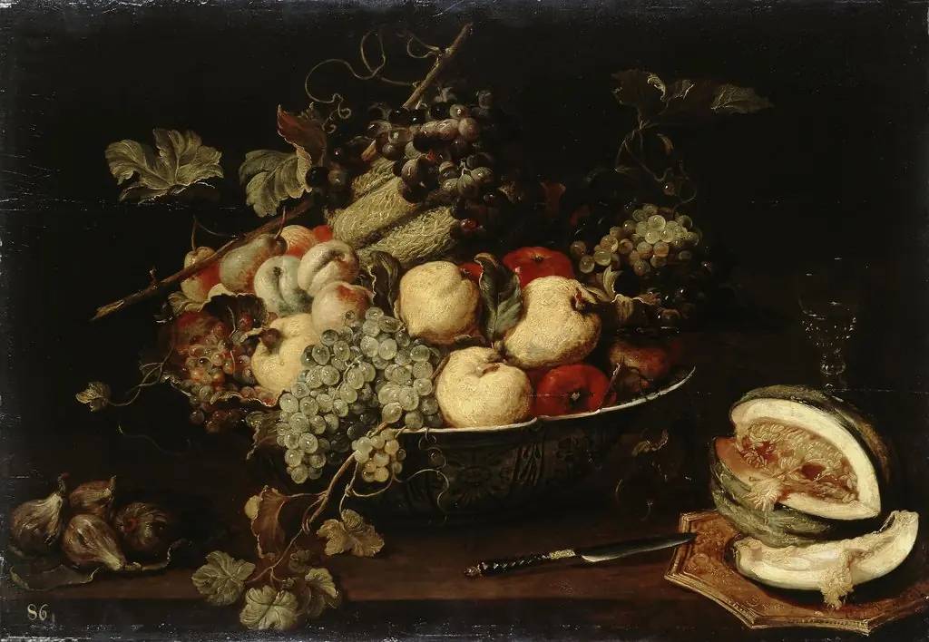 Fruit in a Bowl and a Sliced Melon, by Frans Snyders, oil, 1650