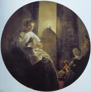 A Woman Sewing by Candlelight, by Dirck Hals, oil, 1633